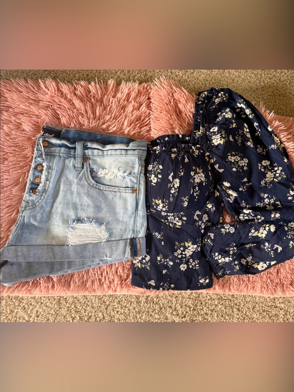 Light Wash Distressed Denim Shorts + Navy off-the-shoulder crop top Set